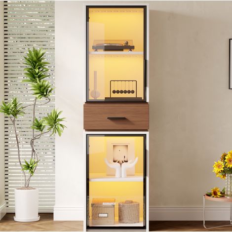 Vitrine en MDF blanc 40 x 40 x 200 cm avec 2 portes en verre trempé, 1 tiroir et LED multicolore (1/5)