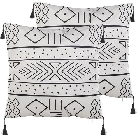 Set di 2 cuscini motivo geometrico nappe 45 x 45 cm bianco e nero Schefflera (1/5)