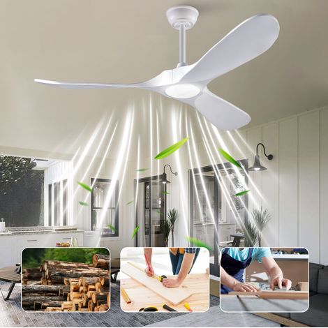 Ventilateur de plafond 132 cm avec éclairage LED, pales blanches en bois massif, télécommande, moteur réversible (1/5)