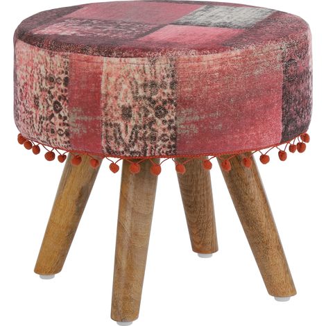 WOMO-DESIGN Sitzhocker Pamplona mit Holzbeinen, Stoffbezug, rund, 38 x 36 cm, Holzoptik, Rot, Boho Vintage Stil, gepolsterte Sitzfläche, Fußhocker, Polsterhocker, Holzhocker, Deko Hocker für Zuhause