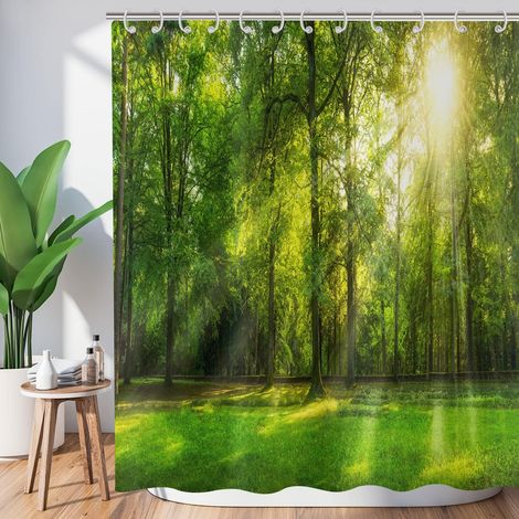 Rideau de douche 180 x 200 cm, motif forêt verte, jungle, grands arbres, soleil, paysage naturel, paysage 3D, rideaux de salle de bain en polyester imperméable lavable avec crochets (1/5)