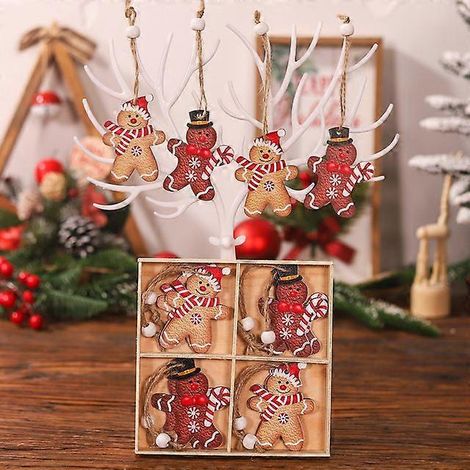 12 décorations de Noël en bois représentant des bonshommes en pain d'épice - Décoration de Noël à suspendre au sapin - Cadeau de Noël et de Nouvel An - Style A (1/5)