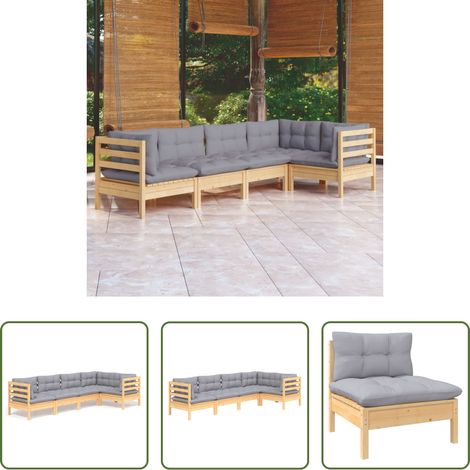 Holzgartenmöbel - 5-tlg. Garten-Lounge-Set mit Grauen Kissen Kiefernholz (1/5)