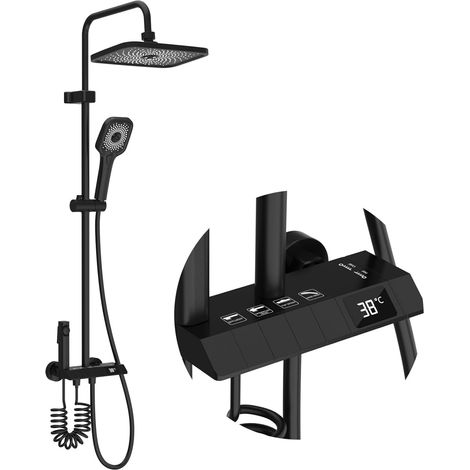 Colonne de Douche Noir, Ensemble avec Pomme de Douche Plafond 30x20 cm, Panneau de Commande Intelligent, 3 Modes de Douche, Hauteur Réglable, Pistolet Haute Pression pour Salle de Bain (1/5)