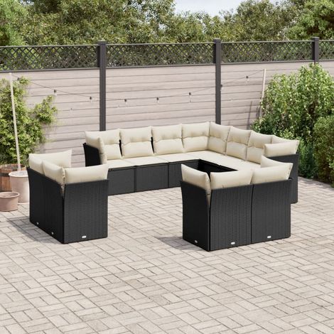 Ensemble Salon Jardin 11 Pièces Noir Résine Tressée avec Coussins Crème - Meuble Extérieur Modulaire (1/5)