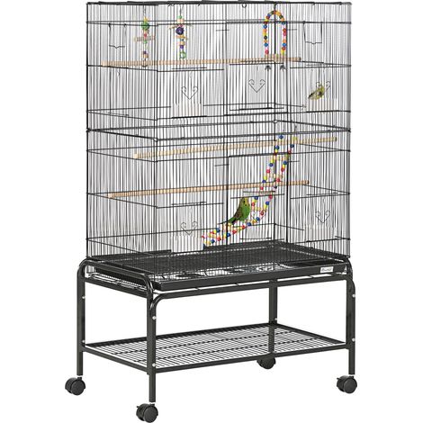 Cage à oiseaux sur pieds roulettes avec 4 mangeoires et 3 perchoirs 79 x 49 x 133 cm noir (1/5)