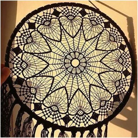 Attrape-Rêves - Cercle Métal - Dentelle Coton Noir - Décoration Murale Chambre Enfants - Diamètre 26 Cm Longueur 86 Cm - 1 Pièce (1/3)