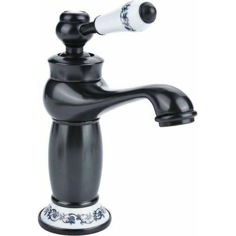 Grifo de lavabo de cerámica y latón antiguo, grifo de lavabo de porcelana azul y blanca, grifo de lavabo retro con cuello en G (1/5)