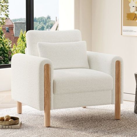 Fauteuil - Blanc - Velours doux - Coussins épais - Structure bois massif (1/5)