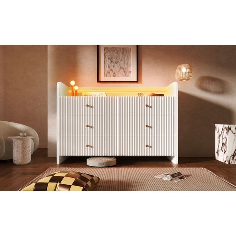 Buffet bas avec LED - Avec 6 tiroirs - Blanc