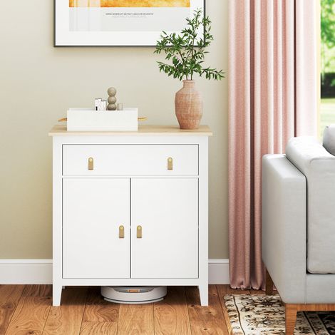 Sideboard mit Schublade, 2-stöckiger Schrank mit verstellbarem Einlegeboden, erhöhtem Sockel und großer Ablagefläche, 80 x 40 x 90 cm, Weiß und Eiche