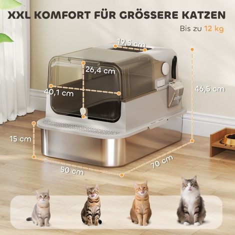 Arenero para gato XXL de acero inoxidable con tapa abatible y pala, gris DESVIAE (1/5)