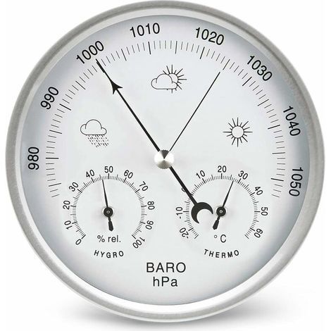 Dial Barometer with Thermometer, Hygrometer, Weather Station, Barometric Pressure (Metric), Silver, 132mm (1/5)