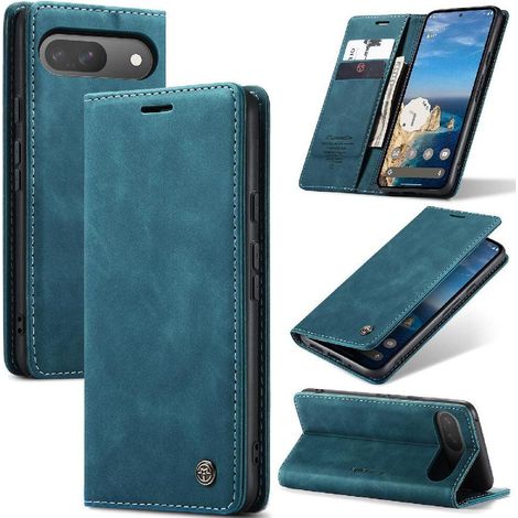 Custodia a libro per Google Pixel 9 Pro, chiusura magnetica, antiurto, design retrò in similpelle PU con scomparti per carte e funzione di supporto.