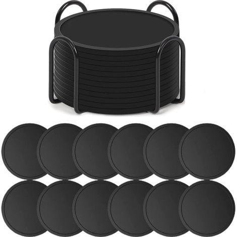 Silikon-Untersetzer mit Halter – 12er-Set – Runde Glasuntersetzer – Designer-Stil – Hitzebeständig – Schwarz – Geschenkidee (1/5)