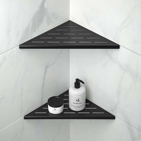 Etagère de Douche d\'angle, Lot de 2 étagères de douche d\'angle 200 mm noir mat en acier inoxydable 304, pour mur carrelé, sans perçage, lot de 2 (1/4)