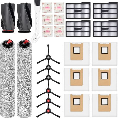 26 Stück Zubehör für eufy E25 / E28,1 Paar Hauptbürsten, 2 Roller-Wischtücher, 4 rechte Seite Filter, 6 Seitenbürsten, 6 Staubbeutel, 6 Flach-Duftstein, 1 Reinigungsbürste Zubehör