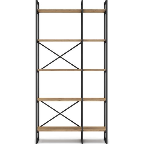 Etagère haute, meuble étagère aspect bois coloris naturel et métal noir - Longueur 87,5 x Profondeur 30 x Hauteur 175 cm (1/5)