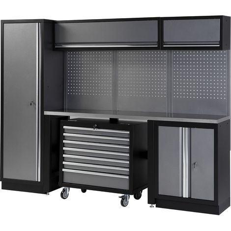 Conjunto de taller modular de 4 módulos con carro extraíble y superficie de acero inoxidable ALYCO