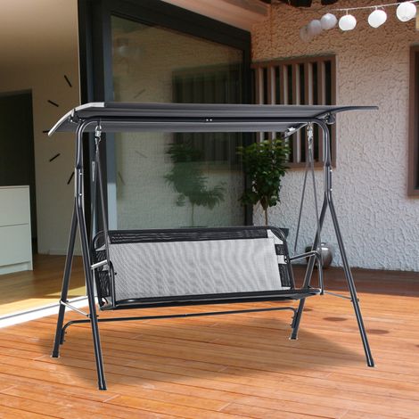 Sedia a dondolo da giardino Outsunny a 2 posti con parasole, tettuccio regolabile in angolazione, per patio, balcone, uso esterno, portata massima 200 kg, 172x110x155 cm, nera