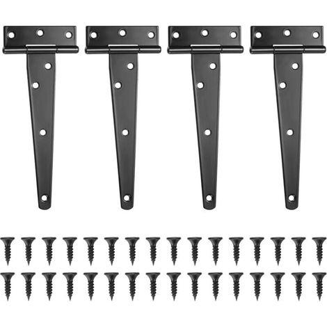 Lot de 4 Charnires en T, Noires Charnire Porte de Grange, Charnires de Portes, Charniere Plate Inox pour Portails, Abris de Jardin, Placard - 6 Pouces (1/4)