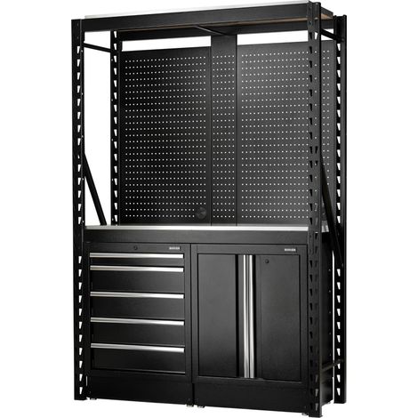 Draper 27972 BUNKER 15 Piece Modular Storage Combo 2 Tier Racking with Stainless Steel Shelving, Pegboards and Floor Cabinets, 1500mm