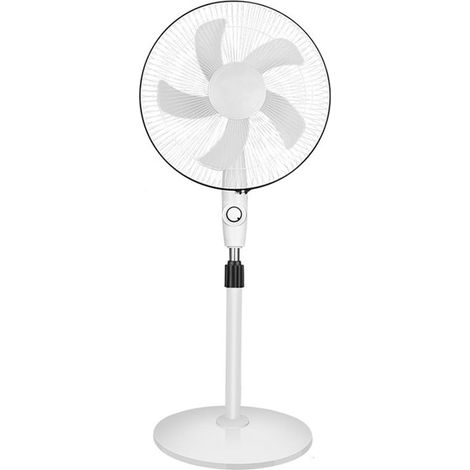 Ventilateur sur pied en plastique blanc, grand volume d'air, 3 vitesses, rechargeable (avec chargeur et panneau solaire), idéal pour la chambre et le salon. (1/5)