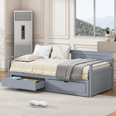 Lit gigogne 90/180x190cm en bois massif - 2 tiroirs à roulettes - Gris (1/4)