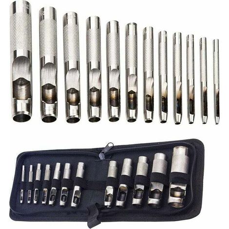 Kit d'outils pour perforer le cuir, les bracelets de montre, la toile et les œillets (3-19 mm) (métal), 12 pièces (1/4)
