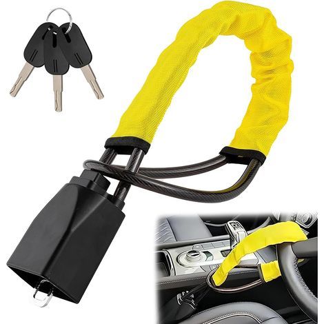 Verrou de volant de voiture à verrouillage de ceinture de sécurité , dispositif antivol universel très résistant haute visibilité , 3 clés (jaune) (1/5)