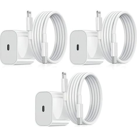 Lot de 3 chargeurs pour iPhone - Adaptateur USB-C 20 W + câble, blanc (3 chargeurs pour iPhone) (1/5)