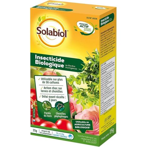 Insecticide biologique 25g – Lot de 10 sachets de 2,5g – Pour 50L de préparation – Action choc sur larves et chenilles – Solabiol