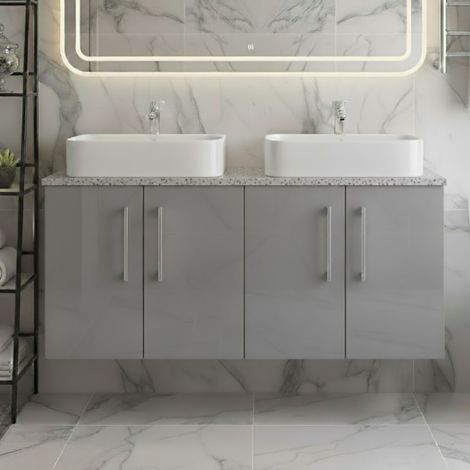 Nuie Arno Wall Hung 4-Door Vanity Unit with Bellato Grey Worktop 1200mm Wide - Satin Grey (1/4)