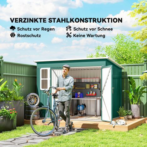 Abri de jardin en acier pour rangement d'outils, avec vitre et grande porte, dimensions 260 x 177 x 190 cm, couleur vert (1/4)