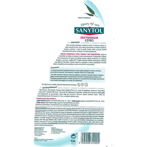 Sanytol líquido universal para la limpieza y desinfección de suelos y otras superficies con aroma a eucalipto 1l (1/2)