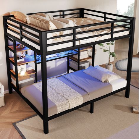 Etagenbett 90x200 cm & 140x200 cm - Schwarzes Metallbettgestell mit USB-C, LED-Beleuchtung & Stauraum (1/5)