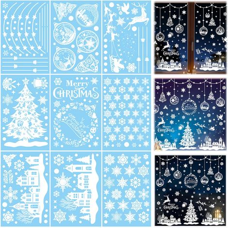 Lot de 9 autocollants de fenêtre de Noël réutilisables, double face en PVC statique, flocons de neige, décorations de fenêtre de Noël blanches avec arbre de Père Noël pour autocollants en (1/5)