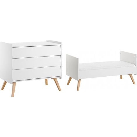 Ausziehbares Bett 70x140 und Kommode mit 3 Schubladen Vox Vintage Weiß und Holz (1/4)