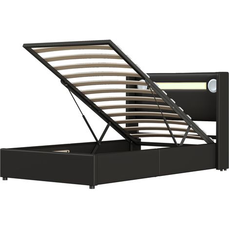 Letto imbottito 90x200 con LED, Bluetooth e 2 porte USB, contenitore in PU nero MODENUIT (1/5)