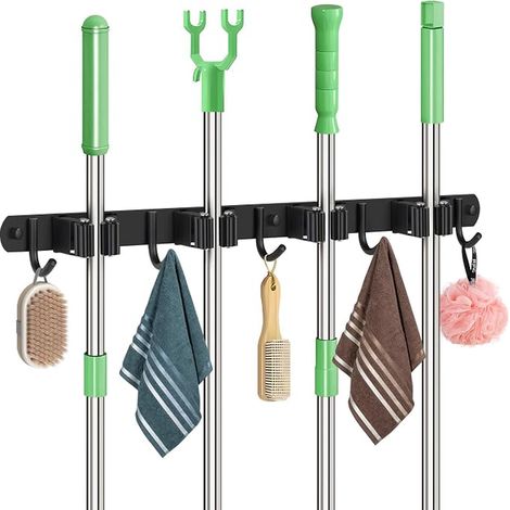 Accroche Balai Mural et Crochets, Porte Balais Mural en Acier Inoxydable, Support Balais Mural pour Cuisine, Salle de Bain, Garage et Jardin, Noir (1/5)