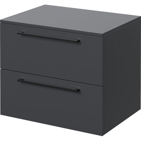 Napoli 460 Gloss Grey 600mm Wall Mounted 2 Drawer Vanity Unit for Countertop Basins - 600mm - Matt Black 320mm Handle