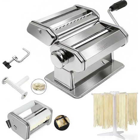 Pasta and Ravioli Maker Set of 6 150mm Steel with 9 Adjustable Thickness Settings with Dumpling Accessory, Pasta Drainer (1/5)