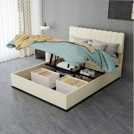 Cama tapizada con cabecero suave 140x200 beige moderna OKMYHOME (1/5)