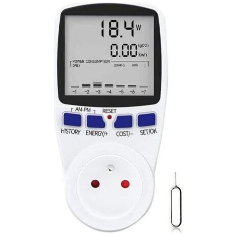 Wattmètre, Prise Compteur d'Énergie Numérique, Mesure Consommation Electrique, Prise Consommation d'Énergie avec 7 Mode et Lécran LCD, Prise Wattmetre, 16A Protection de Surcharge (1/5)