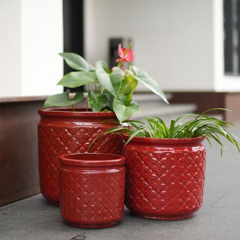 Set di vasi per piante in ceramica, 3 pezzi, Ø 38/30,5/23 cm, rosso vino lucido, OKWISH (1/5)