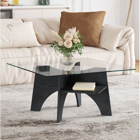 Table basse carrée 80x80x40 cm en verre trempé noir, avec rangement pour salon FLORAGRACE (1/5)