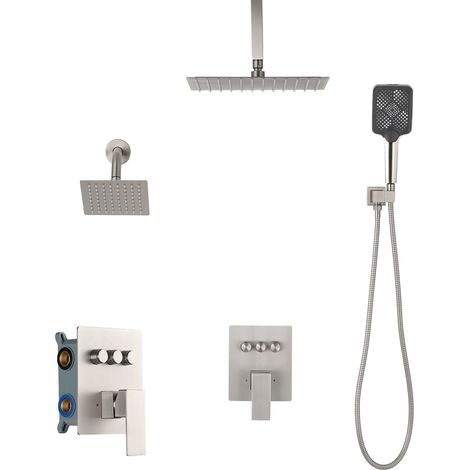 Mophorn Sistema de ducha con cabezal de lluvia de 30 cm y ducha de mano 4 en 1, incluye cabezal de pared de 15cm y cabezal de lluvia doble giratorio con 3 funciones, válvula de latón y kit decorativo (1/5)