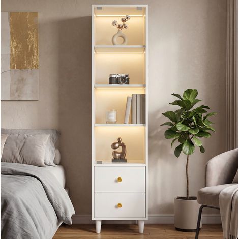 Vitrina con puertas de cristal, iluminación LED integrada, 2 cajones, MDF y vidrio, blanco (1/5)