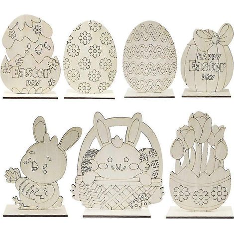 7 Stück Holz Ostern DIY Malerei Handwerk Kaninchen Jagd Hase Party Frühling Küken Eier Frohe Ostern P (1/5)