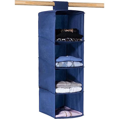 Organizer armadio da appendere in tessuto Blu con 4 scomparti - Mis. 30x30x80 cm - Organizer per armadio con gancio in velcro - Scaffale portaoggetti (1/5)